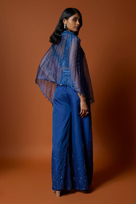 Shop_Mehak Murpana_Blue Organza, Crepe Sequins V-neck Embroidered Cape Flared Pant Set _at_Aza_Fashions