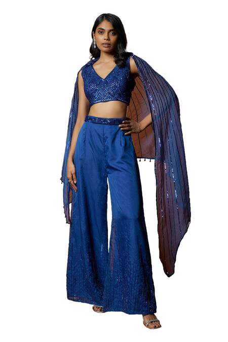 Mehak Murpana_Blue Organza, Crepe Sequins V-neck Embroidered Cape Flared Pant Set _Online_at_Aza_Fashions
