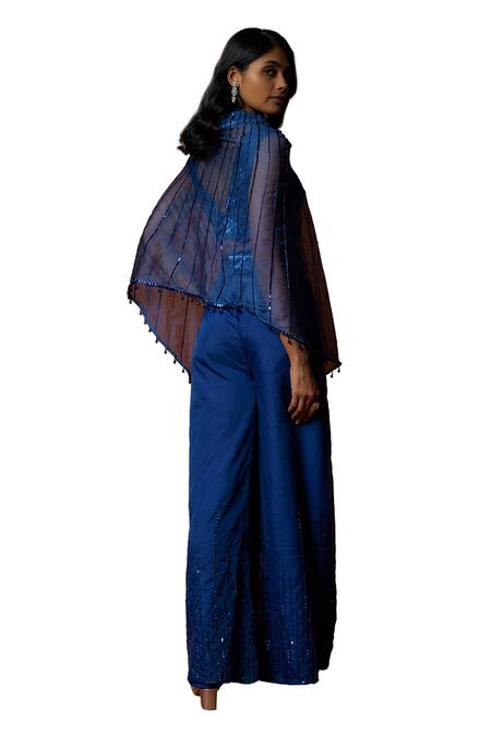 Buy_Mehak Murpana_Blue Organza, Crepe Sequins V-neck Embroidered Cape Flared Pant Set _Online_at_Aza_Fashions