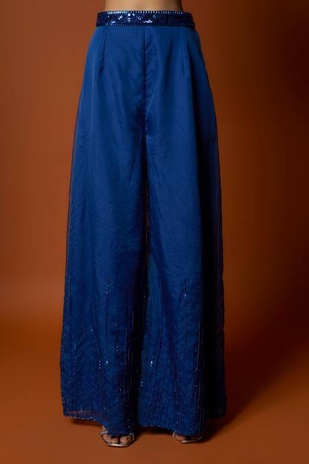 Shop_Mehak Murpana_Blue Organza, Crepe Sequins V-neck Embroidered Cape Flared Pant Set _Online_at_Aza_Fashions