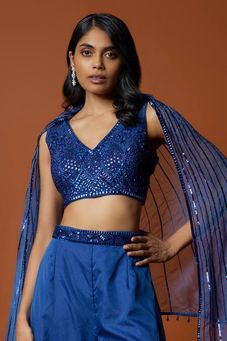 Mehak Murpana_Blue Organza, Crepe Sequins V-neck Embroidered Cape Flared Pant Set _at_Aza_Fashions