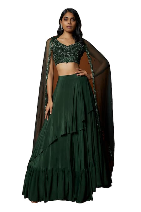 Mehak Murpana_Green Organza, Crepe, Linen Beads V-neck Embroidered Blouse Lehenga Set _Online_at_Aza_Fashions