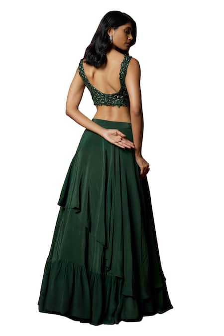 Buy_Mehak Murpana_Green Organza, Crepe, Linen Beads V-neck Embroidered Blouse Lehenga Set _Online_at_Aza_Fashions