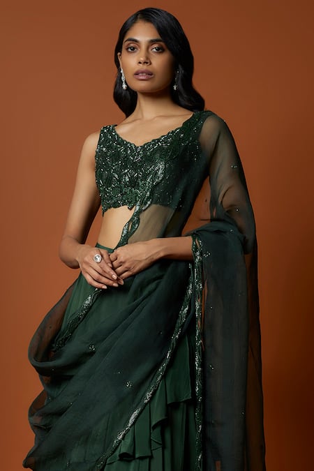 Mehak Murpana_Green Organza, Crepe, Linen Beads V-neck Embroidered Blouse Lehenga Set _at_Aza_Fashions