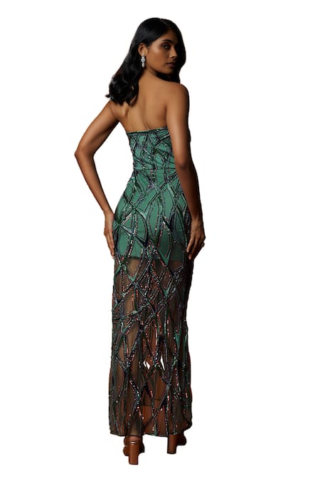 Buy_Mehak Murpana_Green Net Embroidered Cutdana Sweetheart Gown _Online_at_Aza_Fashions