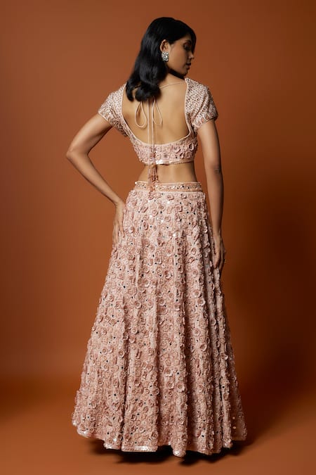 Mehak Murpana_Pink Silk, Crepe, Net Sequins, Embroidery, Mirrors Floral Blouse Lehenga Set _Online_at_Aza_Fashions