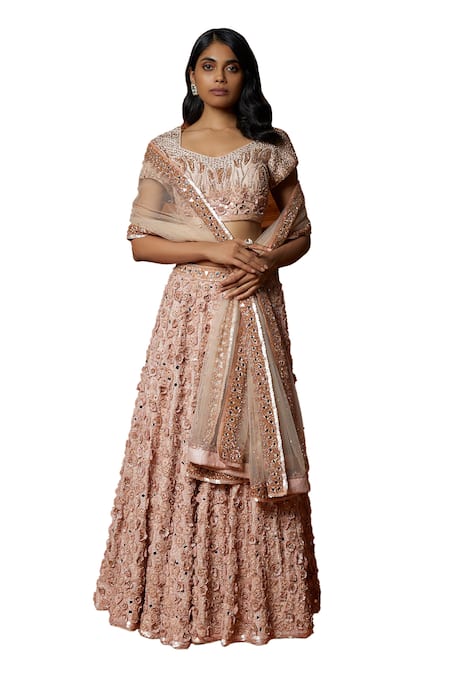 Buy_Mehak Murpana_Pink Silk, Crepe, Net Sequins, Embroidery, Mirrors Floral Blouse Lehenga Set _Online_at_Aza_Fashions