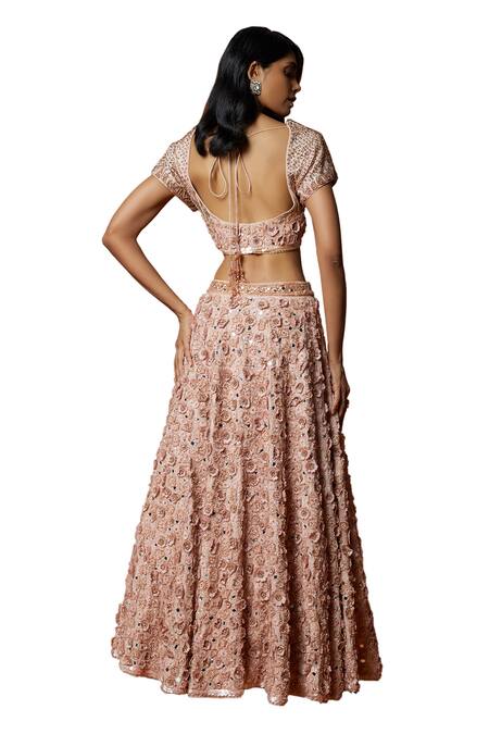 Shop_Mehak Murpana_Pink Silk, Crepe, Net Sequins, Embroidery, Mirrors Floral Blouse Lehenga Set _Online_at_Aza_Fashions