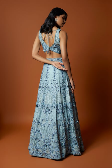 Mehak Murpana_Blue Silk, Net, Crepe Sequins, Embroidery Asymmetric Blouse Lehenga Set _Online_at_Aza_Fashions