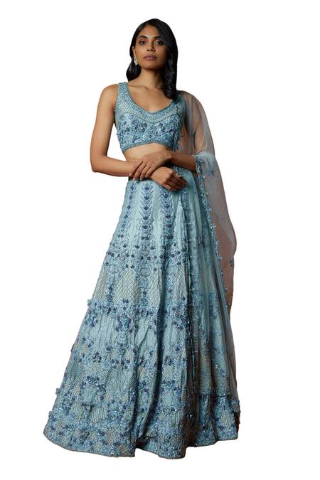 Buy_Mehak Murpana_Blue Silk, Net, Crepe Sequins, Embroidery Asymmetric Blouse Lehenga Set _Online_at_Aza_Fashions