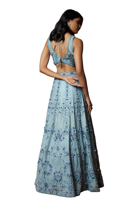 Shop_Mehak Murpana_Blue Silk, Net, Crepe Sequins, Embroidery Asymmetric Blouse Lehenga Set _Online_at_Aza_Fashions