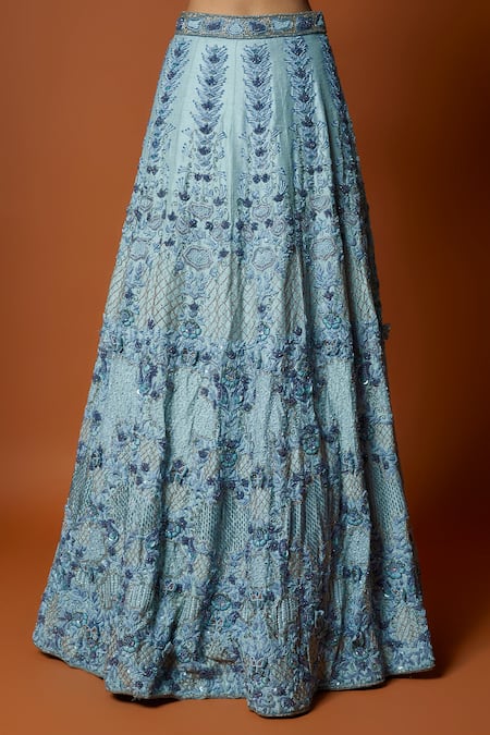 Mehak Murpana_Blue Silk, Net, Crepe Sequins, Embroidery Asymmetric Blouse Lehenga Set _at_Aza_Fashions