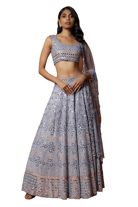 Buy_Mehak Murpana_Purple Net, Silk, Crepe Mirrors, Embroidery Round Neck Blouse Lehenga Set _Online_at_Aza_Fashions