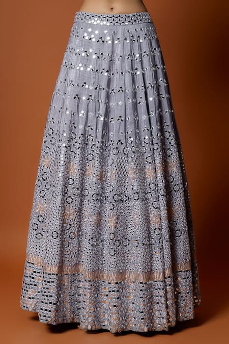 Mehak Murpana_Purple Net, Silk, Crepe Mirrors, Embroidery Round Neck Blouse Lehenga Set _at_Aza_Fashions