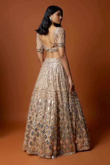 Mehak Murpana Gold Organza, Net, Linen Sequins, Mirrors V-neck And Embroidered Lehenga Set Online at Aza Fashions Mehak Murpana_Gold Organza, Net, Linen Sequins, Mirrors V-neck And Embroidered Lehenga Set _Online_at_Aza_Fashions