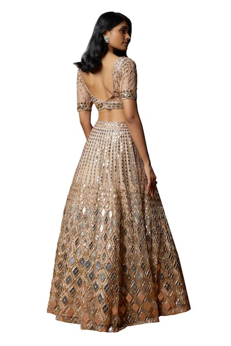 Shop Mehak Murpana Gold Organza, Net, Linen Sequins, Mirrors V-neck And Embroidered Lehenga Set Online at Aza Fashions Shop_Mehak Murpana_Gold Organza, Net, Linen Sequins, Mirrors V-neck And Embroidered Lehenga Set _Online_at_Aza_Fashions