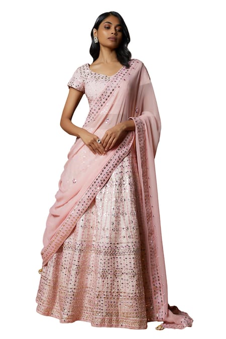 Mehak Murpana_Pink Silk, Georgette, Crepe Mirrors, Embroidery Thread And Blouse Lehenga Set _Online_at_Aza_Fashions