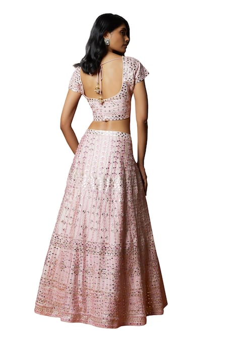 Buy_Mehak Murpana_Pink Silk, Georgette, Crepe Mirrors, Embroidery Thread And Blouse Lehenga Set _Online_at_Aza_Fashions