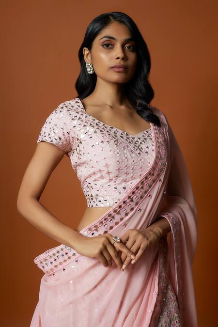 Mehak Murpana_Pink Silk, Georgette, Crepe Mirrors, Embroidery Thread And Blouse Lehenga Set _at_Aza_Fashions