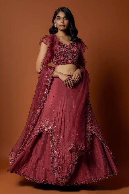 Mehak Murpana Red Crepe Embroidered Sequins V Neck And Beads Lehenga Set 