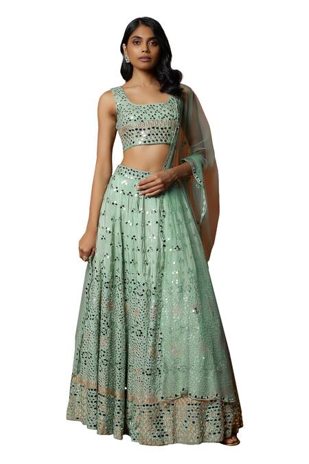 Mehak Murpana_Green Net, Silk Mirrors, Embroidery Round Neck And Thread Lehenga Set _Online_at_Aza_Fashions