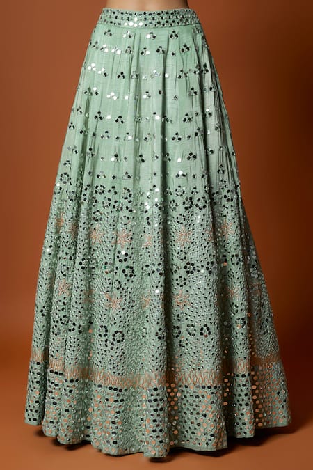Shop_Mehak Murpana_Green Net, Silk Mirrors, Embroidery Round Neck And Thread Lehenga Set _Online_at_Aza_Fashions
