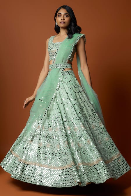 Mehak Murpana_Green Net, Silk Mirrors, Embroidery Round Neck And Thread Lehenga Set _at_Aza_Fashions