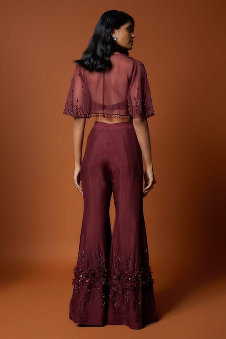 Mehak Murpana_Maroon Organza, Silk, Crepe Embroidery, Beads Cape Sharara Set _Online_at_Aza_Fashions