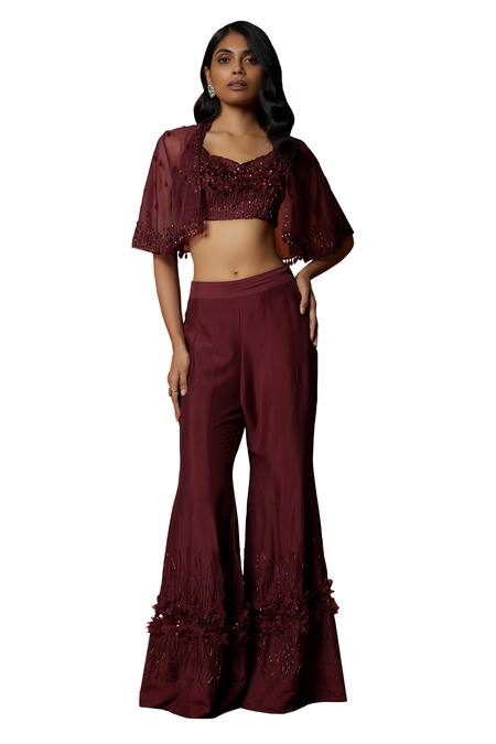 Buy_Mehak Murpana_Maroon Organza, Silk, Crepe Embroidery, Beads Cape Sharara Set _Online_at_Aza_Fashions