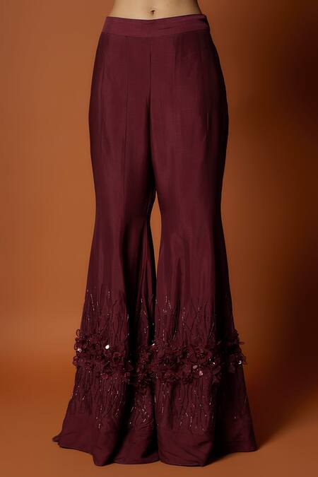 Shop_Mehak Murpana_Maroon Organza, Silk, Crepe Embroidery, Beads Cape Sharara Set _Online_at_Aza_Fashions