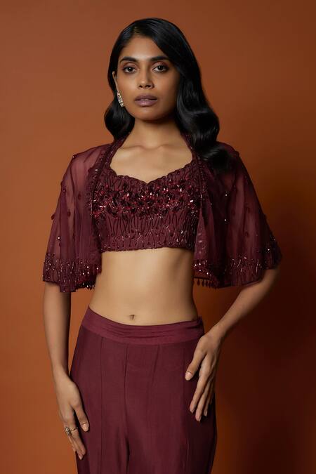Mehak Murpana_Maroon Organza, Silk, Crepe Embroidery, Beads Cape Sharara Set _at_Aza_Fashions