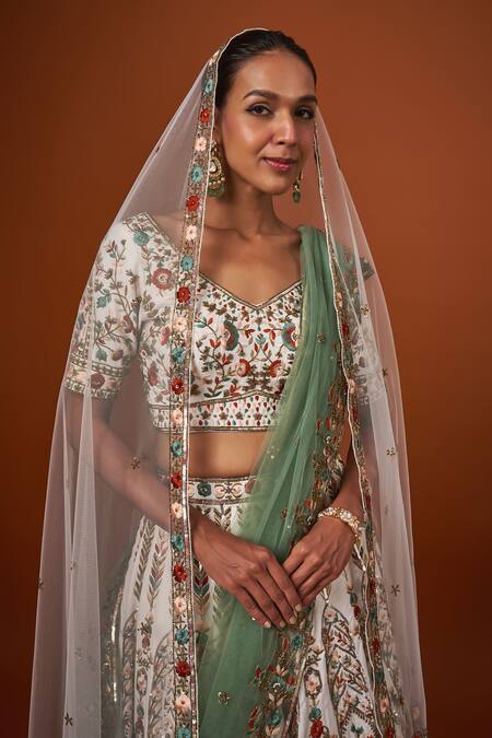 Buy Mehak Murpana Ivory Silk, Crepe, Net Sequins, Embroidery V-neck Thread And Blouse Lehenga Set Online at Aza Fashions Buy_Mehak Murpana_Ivory Silk, Crepe, Net Sequins, Embroidery V-neck Thread And Blouse Lehenga Set _Online_at_Aza_Fashions