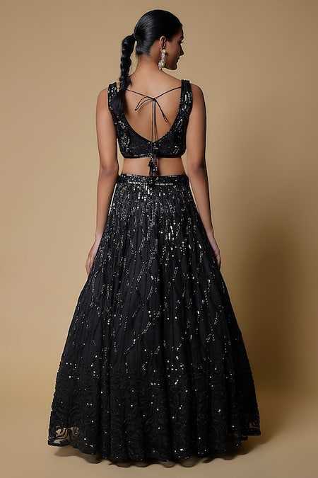 Shop_Mehak Murpana_Black Organza, Net Sequins, Beads Asymmetric Embroidered Blouse Lehenga Set _at_Aza_Fashions