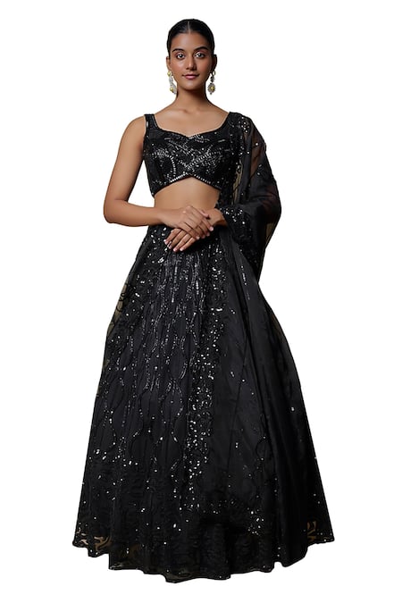 Mehak Murpana_Black Organza, Net Sequins, Beads Asymmetric Embroidered Blouse Lehenga Set _Online_at_Aza_Fashions