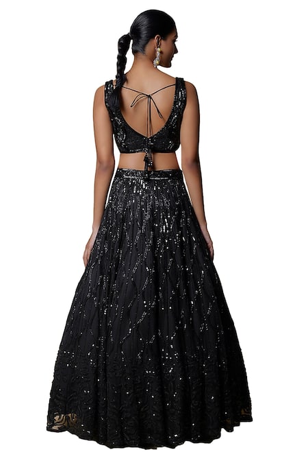 Buy_Mehak Murpana_Black Organza, Net Sequins, Beads Asymmetric Embroidered Blouse Lehenga Set _Online_at_Aza_Fashions
