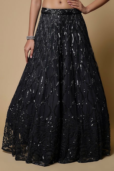 Shop_Mehak Murpana_Black Organza, Net Sequins, Beads Asymmetric Embroidered Blouse Lehenga Set _Online_at_Aza_Fashions