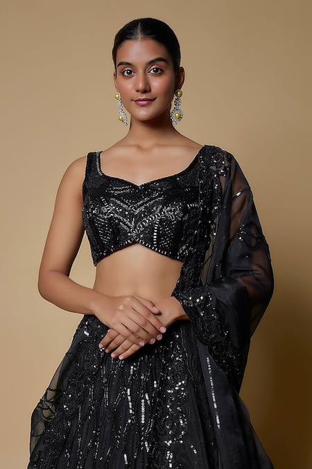 Mehak Murpana_Black Organza, Net Sequins, Beads Asymmetric Embroidered Blouse Lehenga Set _at_Aza_Fashions