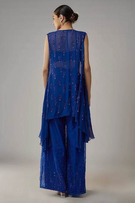 Shop Mehak Murpana Blue Organza, Georgette, Linen Beads, Sequins Embroidered Jacket Flared Pant Set at Aza Fashions Shop_Mehak Murpana_Blue Organza, Georgette, Linen Beads, Sequins Embroidered Jacket Flared Pant Set _at_Aza_Fashions