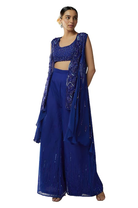 Mehak Murpana Blue Organza, Georgette, Linen Beads, Sequins Embroidered Jacket Flared Pant Set Online at Aza Fashions Mehak Murpana_Blue Organza, Georgette, Linen Beads, Sequins Embroidered Jacket Flared Pant Set _Online_at_Aza_Fashions