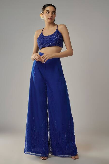Shop Mehak Murpana Blue Organza, Georgette, Linen Beads, Sequins Embroidered Jacket Flared Pant Set Online at Aza Fashions Shop_Mehak Murpana_Blue Organza, Georgette, Linen Beads, Sequins Embroidered Jacket Flared Pant Set _Online_at_Aza_Fashions