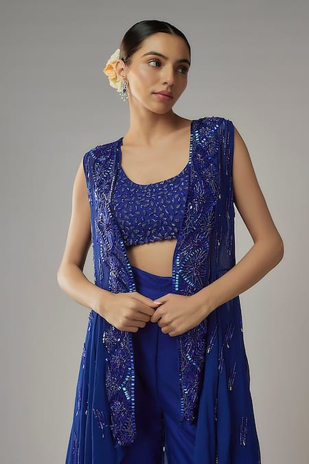 Buy Mehak Murpana Blue Organza, Georgette, Linen Beads, Sequins Embroidered Jacket Flared Pant Set Buy_Mehak Murpana_Blue Organza, Georgette, Linen Beads, Sequins Embroidered Jacket Flared Pant Set