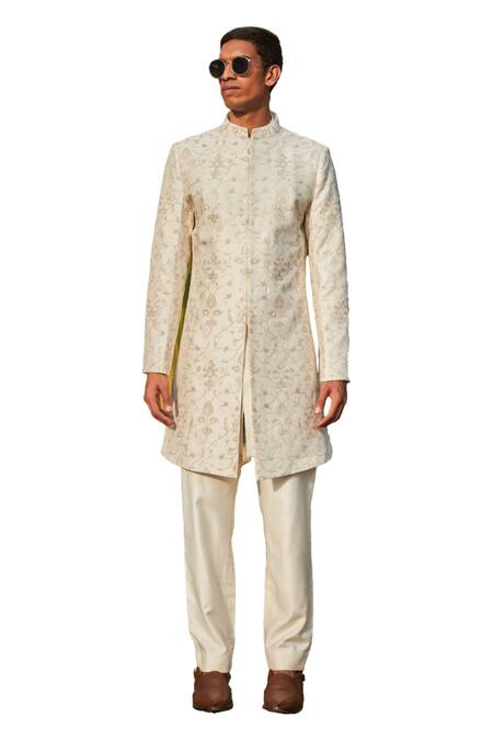 Bohame_Off White Georgette, Tussar Embroidery Ryan Chikankari Sherwani With Kurta Set _Online_at_Aza_Fashions