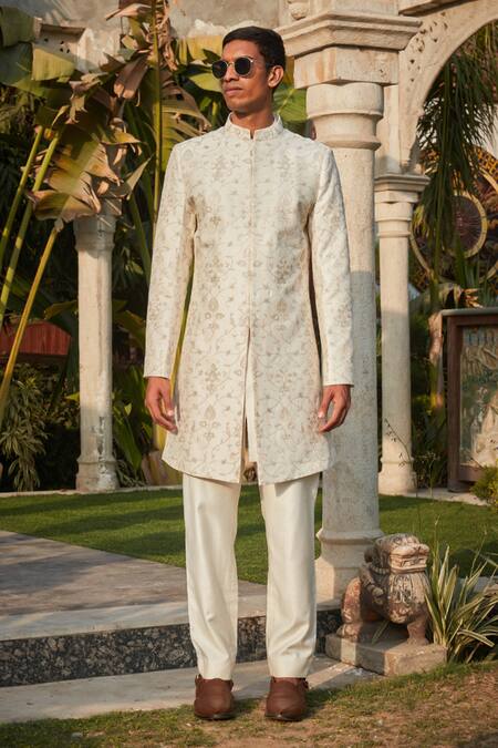 Buy_Bohame_Off White Georgette, Tussar Embroidery Ryan Chikankari Sherwani With Kurta Set _Online_at_Aza_Fashions