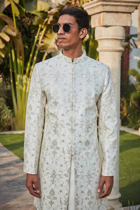 Shop_Bohame_Off White Georgette, Tussar Embroidery Ryan Chikankari Sherwani With Kurta Set _Online_at_Aza_Fashions