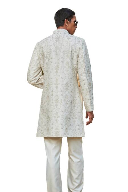 Bohame_Off White Georgette, Tussar Embroidery Ryan Chikankari Sherwani With Kurta Set _at_Aza_Fashions