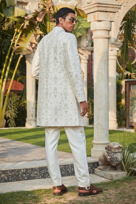 Buy_Bohame_Off White Georgette, Tussar Embroidery Ryan Chikankari Sherwani With Kurta Set 