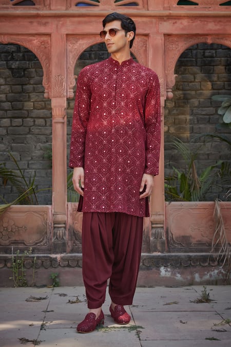 Buy_Bohame_Wine Georgette, Rayon Embroidery, Mirrors Dunn Chikankari Kurta With Salwar_Online_at_Aza_Fashions