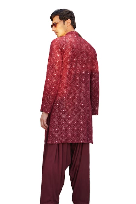 Shop_Bohame_Wine Georgette, Rayon Embroidery, Mirrors Dunn Chikankari Kurta With Salwar_Online_at_Aza_Fashions