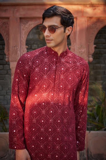 Bohame_Wine Georgette, Rayon Embroidery, Mirrors Dunn Chikankari Kurta With Salwar_at_Aza_Fashions