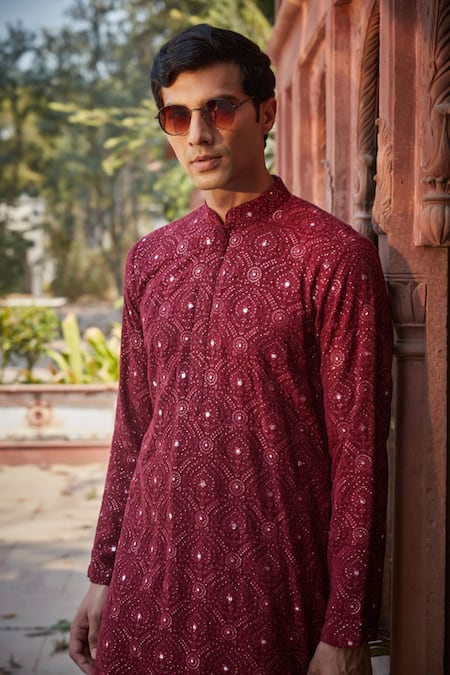 Buy_Bohame_Wine Georgette, Rayon Embroidery, Mirrors Dunn Chikankari Kurta With Salwar